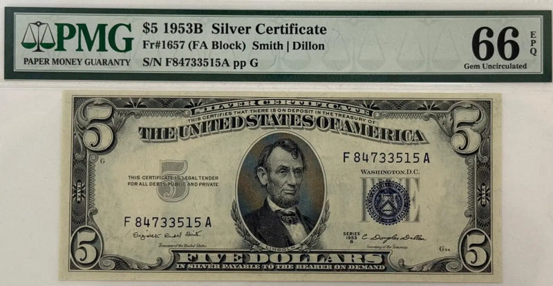 Series 1953B $5 Silver Certificate – PMG 66 Gem Uncirculated Heritage Pastime