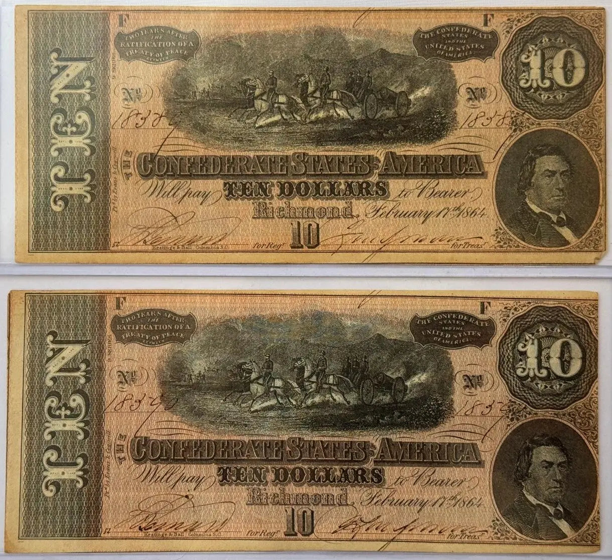 Set Of 2 1864 Confederate States of America $10 Notes – Consecutive Serial Numbers | Civil War Currency Heritage Pastime