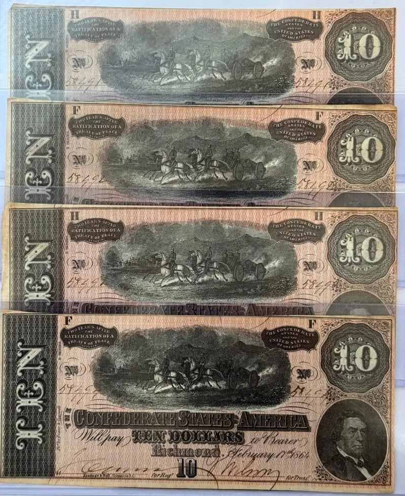 Set Of 4 1864 Confederate States of America $10 Notes – Consecutive Serial Numbers | Civil War Currency Heritage Pastime