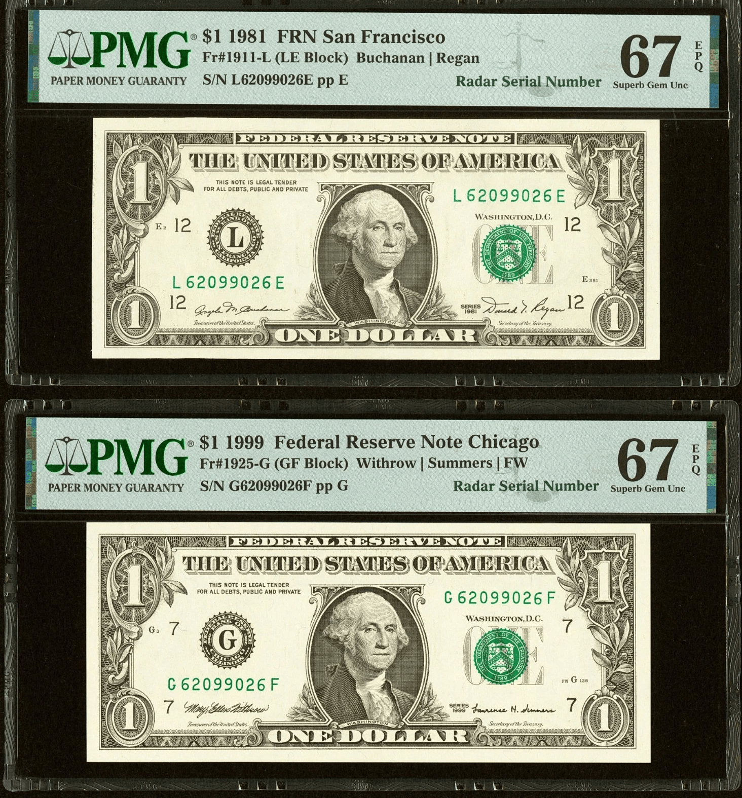 Matching 1981 and 1999 $1 Radar serial currency in PMG 67 EPQ slabs with green ink