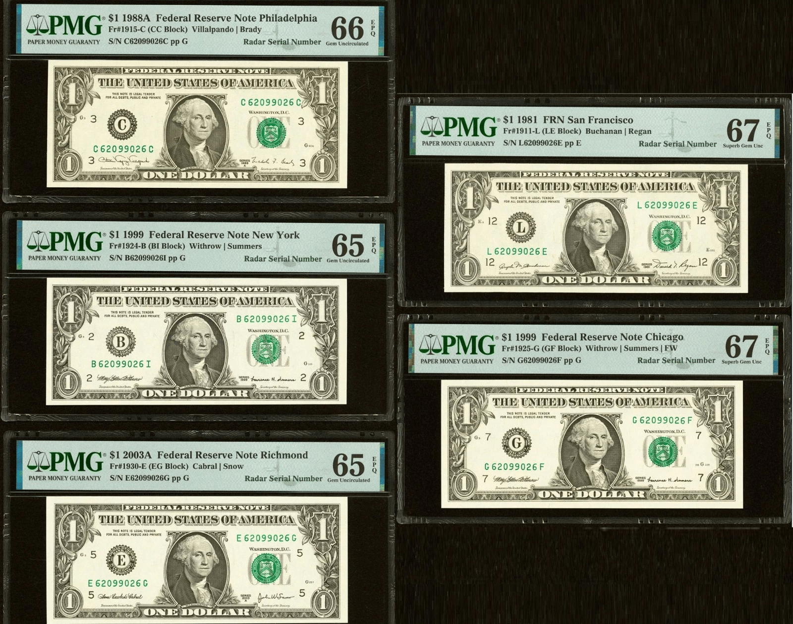 Eight graded $1 Radar serial bills featuring FR# districts and Exceptional Paper Quality labels