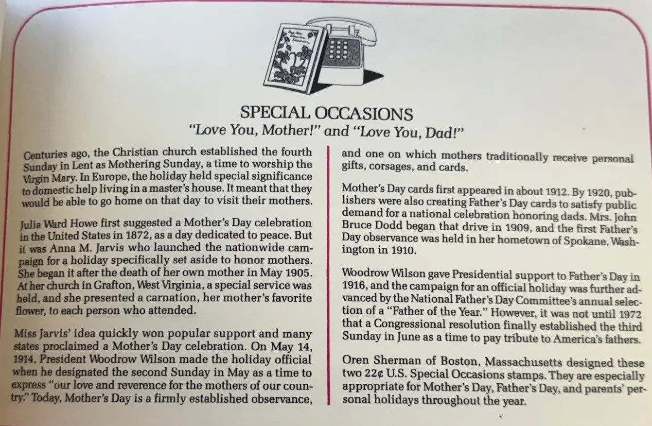 "Special Occasions" First Day Cover (FDC) – Mother’s & Father’s Day U.S. Stamp Collectible Heritage Pastime