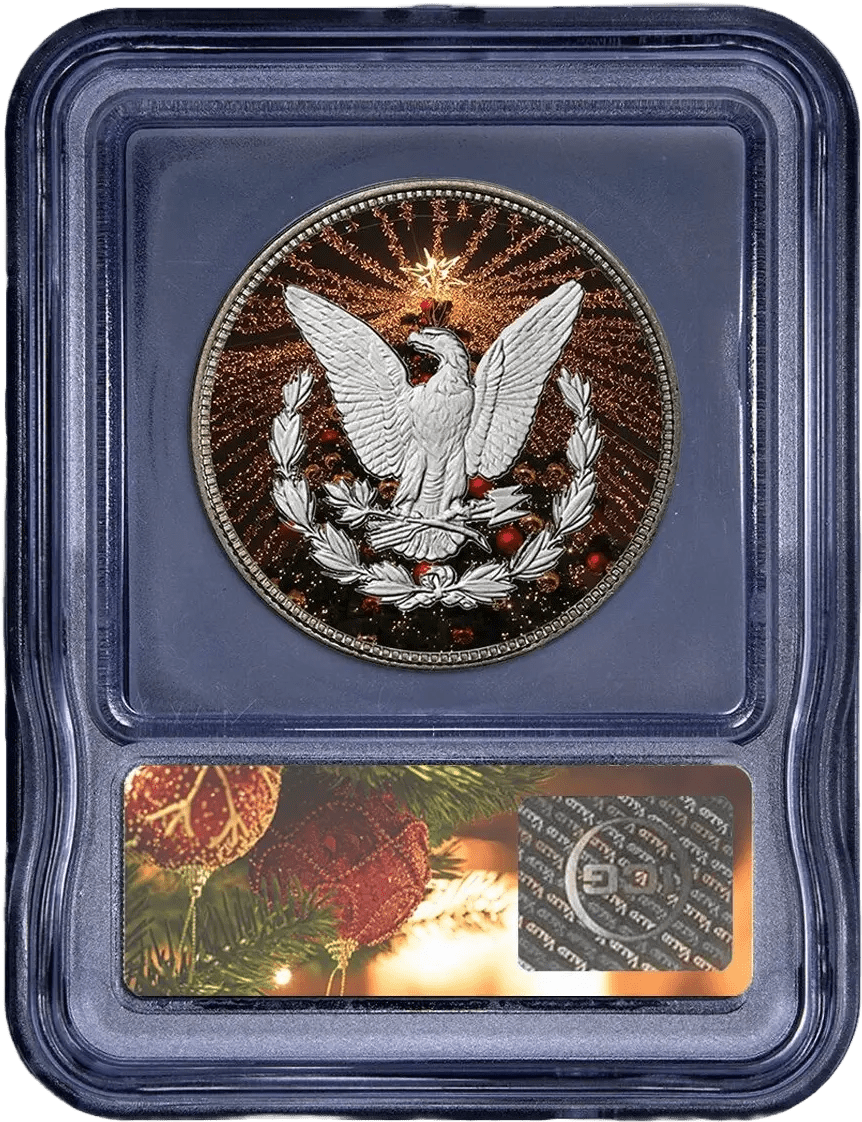 U.S. Morgan Silver Dollar Colorized Christmas Genuine 1921 ICG Christmas Label1921 U.S. Morgan Silver Dollar – Colorized Christmas with ICG Genuine Christmas Label Heritage Pastime