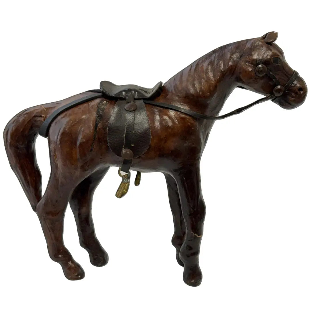 Vintage Leather-Wrapped Horse Figurine with a saddle and bridle. Heritage Pastime