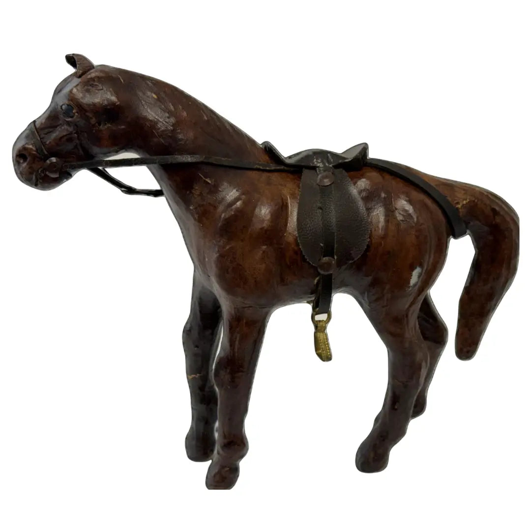 Vintage Leather-Wrapped Horse Figurine with a saddle and bridle. Heritage Pastime