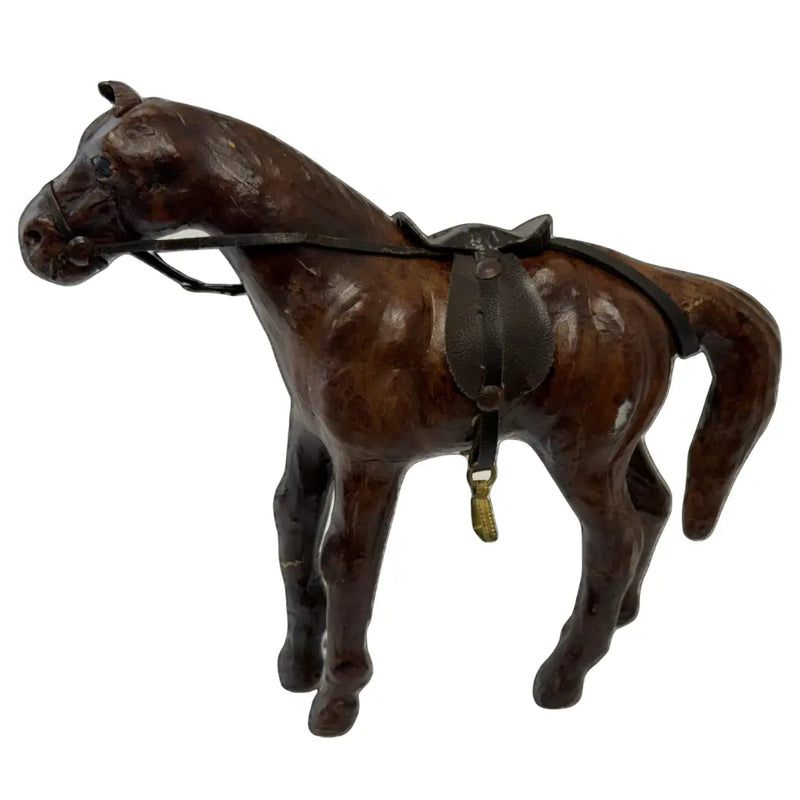 Vintage Leather-Wrapped Horse Figurine with a saddle and bridle. Heritage Pastime