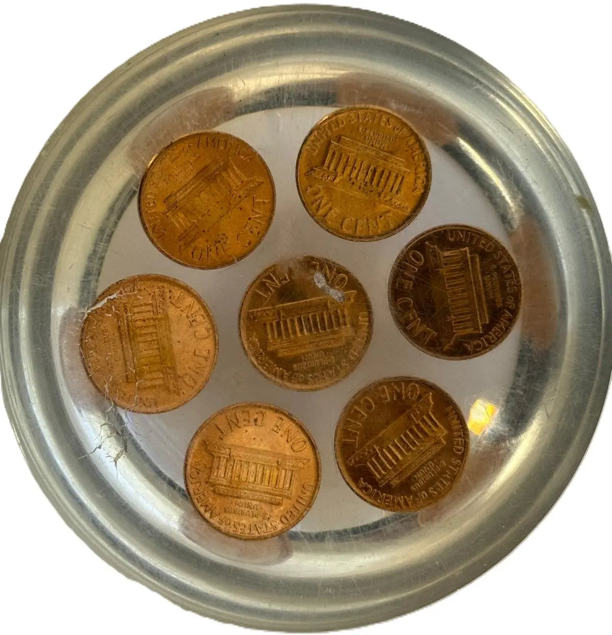 Vintage Lucite Acrylic Paperweight with Embedded Lincoln Memorial Pennies (1957–1967 Era) Heritage Pastime