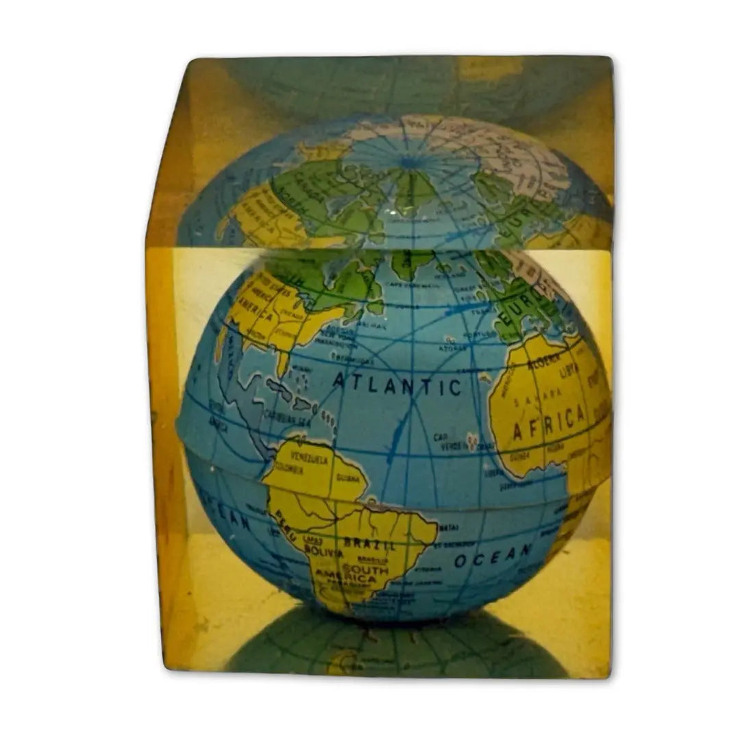 Vintage Lucite globe paperweight cube