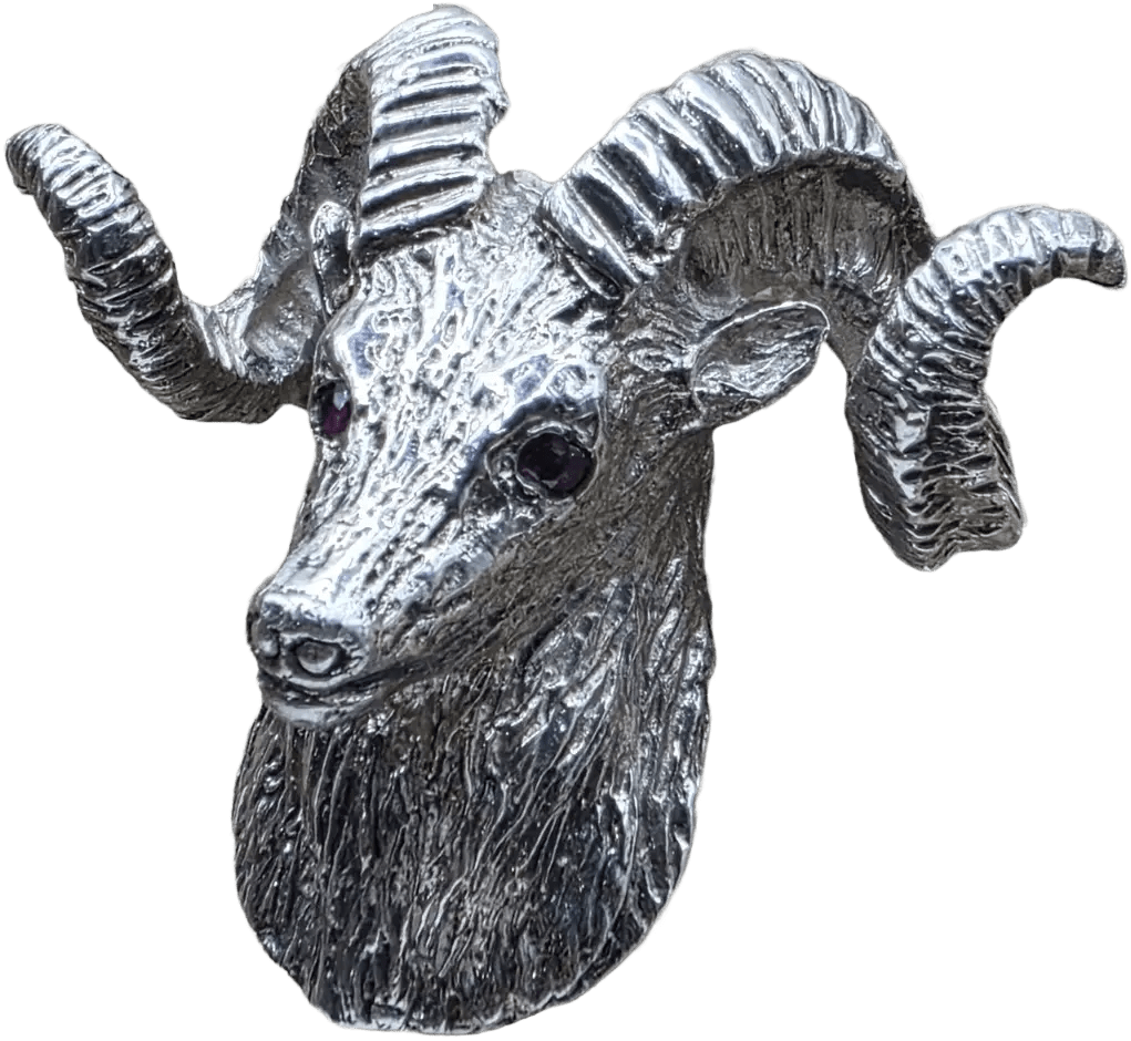 Vintage Navajo Sterling Silver Bighorn Sheep Bolo Tie Slide with Ruby Eyes – 56.6 Grams Heritage Pastime