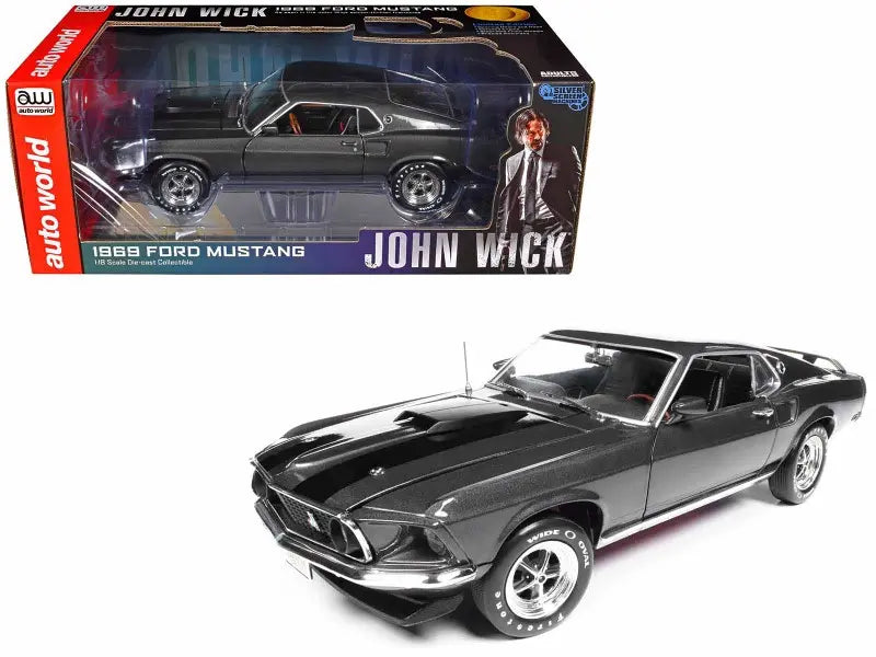 1/18 Auto World 1969 Ford Mustang (Dark Grey Metallic with Black Stripes) "John Wick" (2014) Movie Diecast Car Model Heritage Pastime