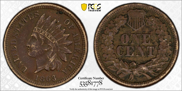 1863 Indian Head Cent – PCGS Genuine XF Details (Environmental Damage) – Civil War Era Coin Heritage Pastime