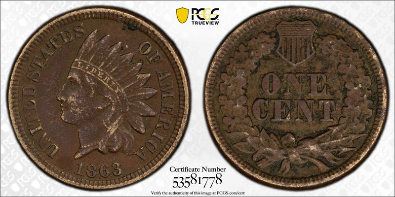 1863 Indian Head Cent – PCGS Genuine XF Details (Environmental Damage) – Civil War Era Coin Heritage Pastime
