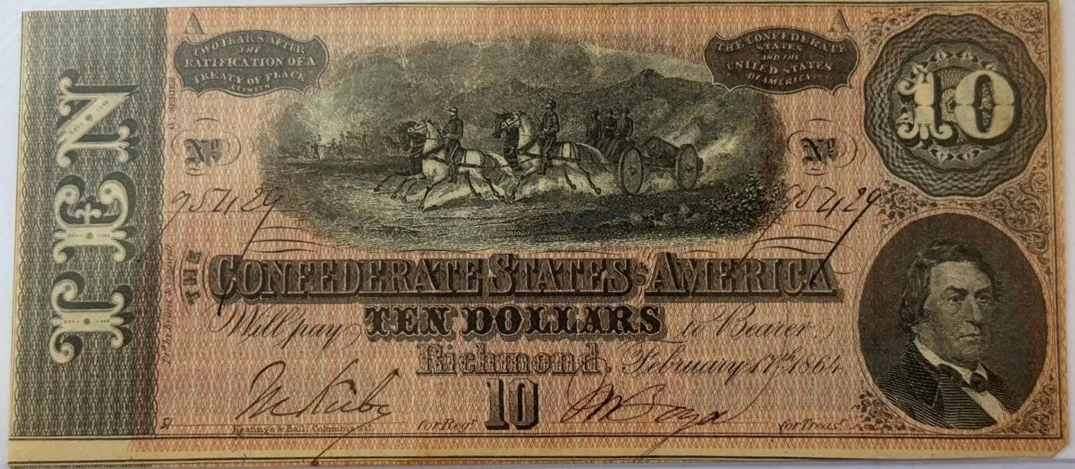 1864 Confederate States of America $10 Notes – Consecutive Serial Numbers | Civil War Currency Set Of 2 Heritage Pastime