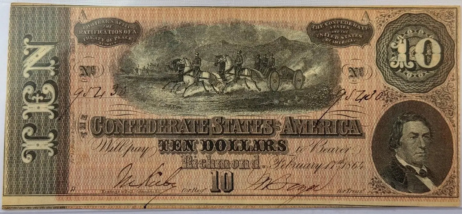 1864 Confederate States of America $10 Notes – Consecutive Serial Numbers | Civil War Currency Set Of 2 Heritage Pastime