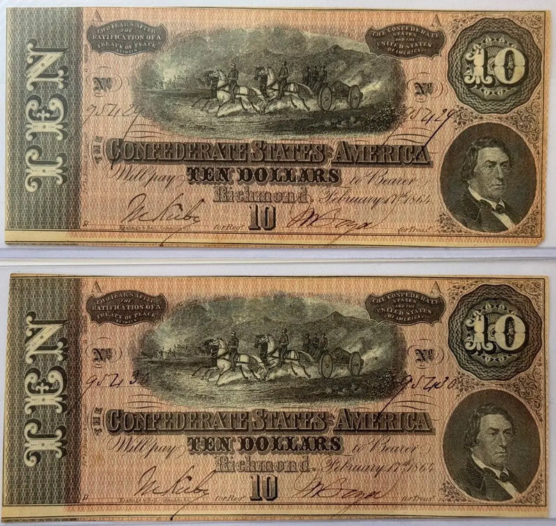 1864 Confederate States of America $10 Notes – Consecutive Serial Numbers | Civil War Currency Set Of 2 Heritage Pastime