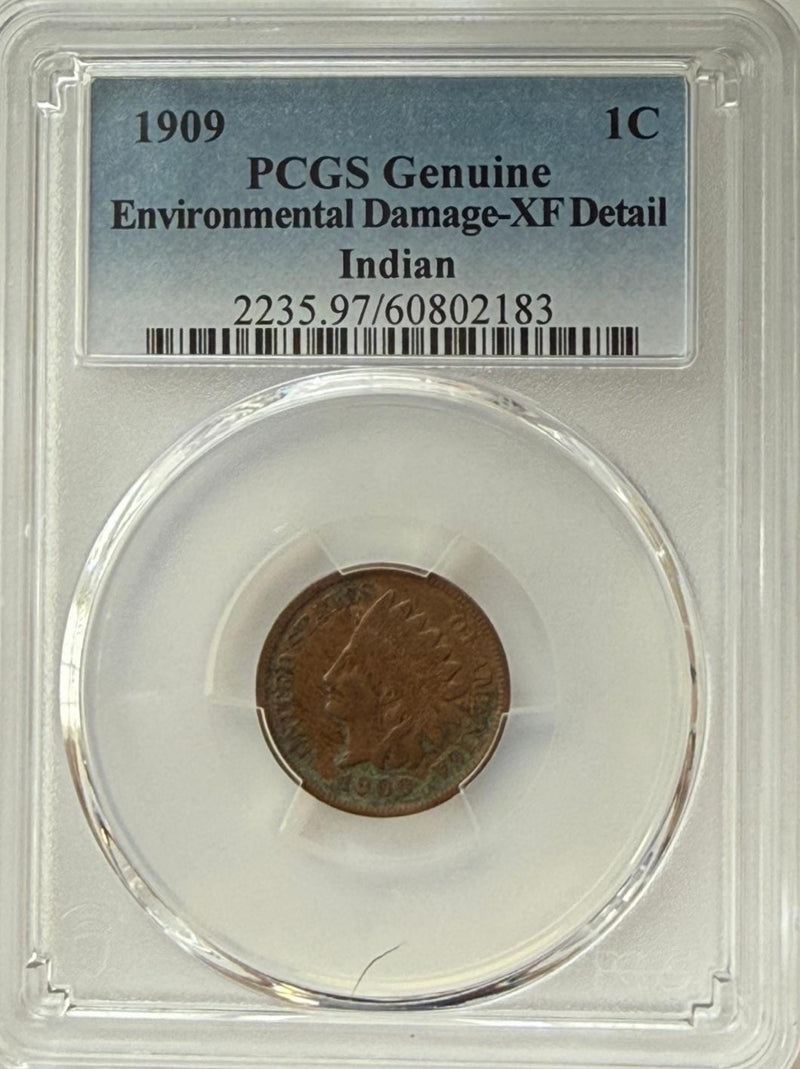 1909 Indian Head Cent PCGS Genuine Environmental Damage XF Details – Final Year Issue