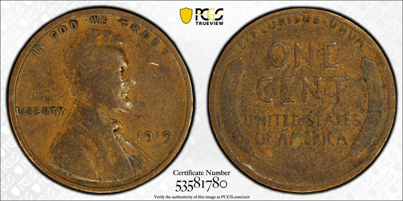 1919 Lincoln Wheat Cent – PCGS F12BN – Early Post-WWI Issue Heritage Pastime