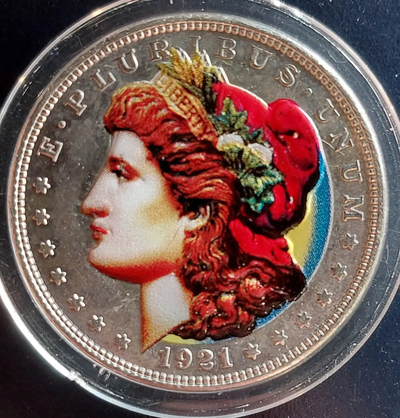 1921 Morgan Silver Dollar – Colorized Painted Antique with Airtite & Gift Box Heritage Pastime