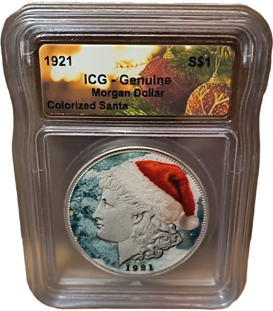 1921 U.S. Morgan Silver Dollar – Colorized Santa with ICG Genuine Christmas Label Coin Hub
