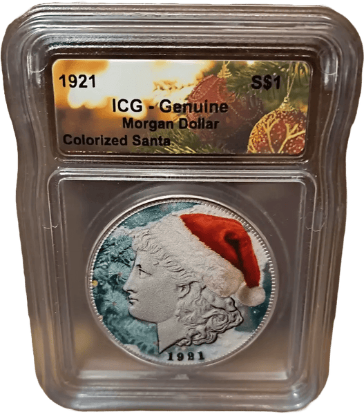 1921 U.S. Morgan Silver Dollar – Colorized Santa with ICG Genuine Christmas Label Heritage Pastime