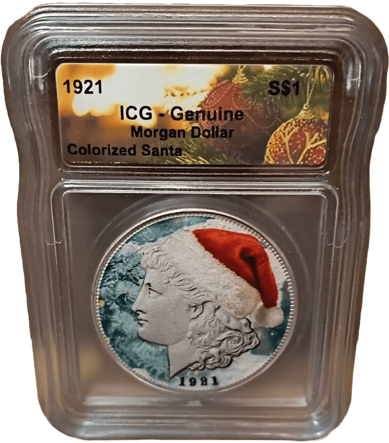 1921 U.S. Morgan Silver Dollar – Colorized Santa with ICG Genuine Christmas Label Heritage Pastime