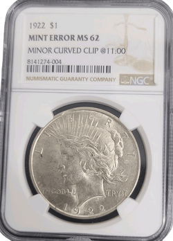1922-P Peace Silver Dollar $1 NGC Mint Error MS62 – Curved Clip @ 11:00