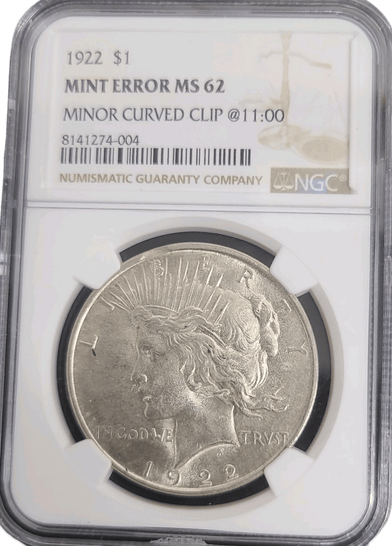 1922-P Peace Silver Dollar NGC MS62 curved clip error obverse Liberty profile