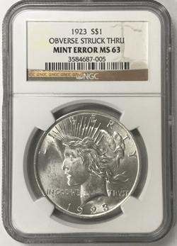 1923 $1 Silver Peace Dollar Obverse Struck Thru Mint Error NGC MS63