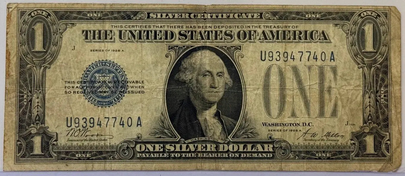 1928-A $1 Silver Certificate “Funnyback” – Blue Seal Note – Woods/Mills – Heavily Circulated Heritage Pastime