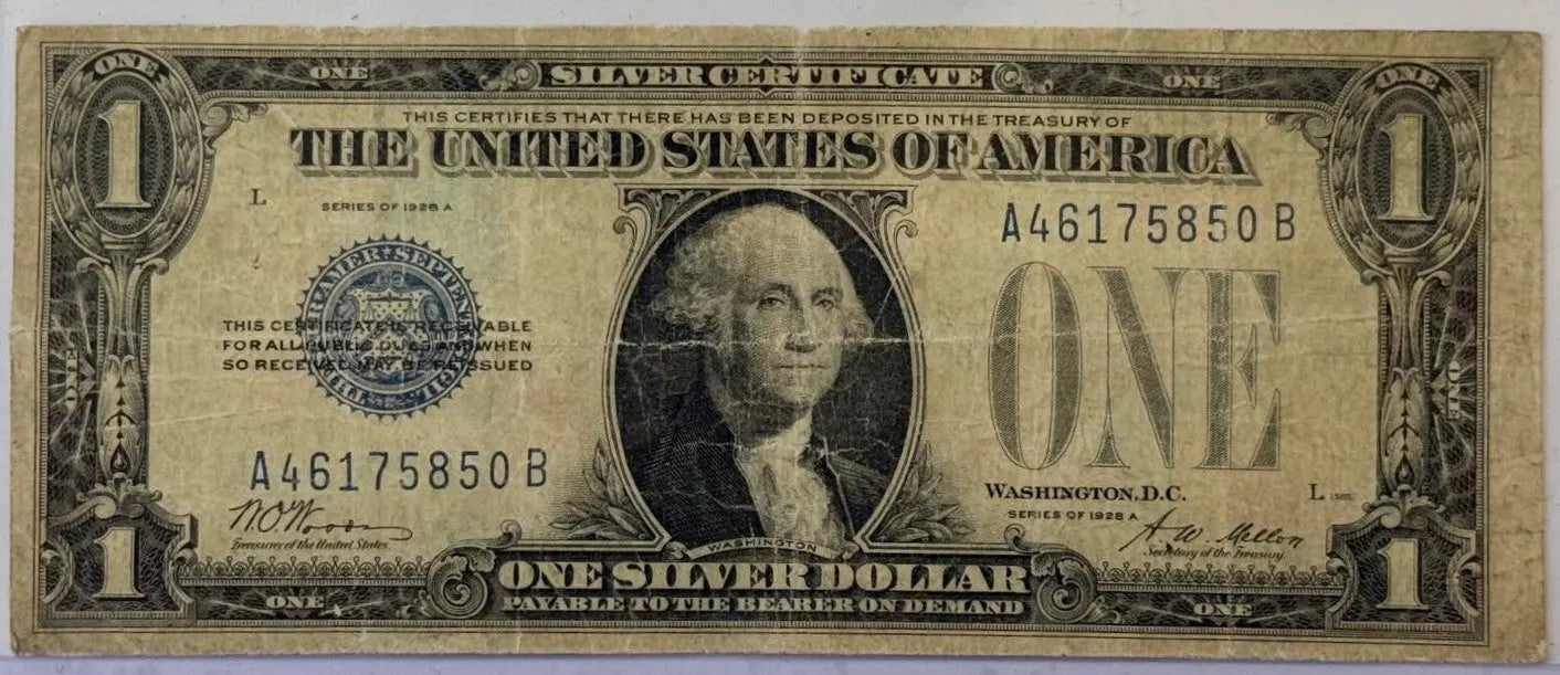 1928-A $1 Silver Certificate “Funnyback” – Blue Seal Vintage U.S. Note – Woods/Mellon Signatures Heritage Pastime
