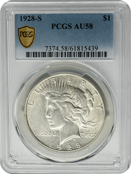 1928-S Peace Silver Dollar $1 PCGS AU58 graded coin obverse detail
