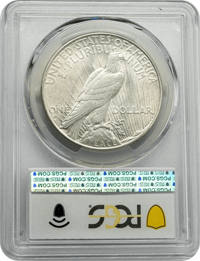 1928-S Peace Silver Dollar PCGS slab reverse eagle design and security label