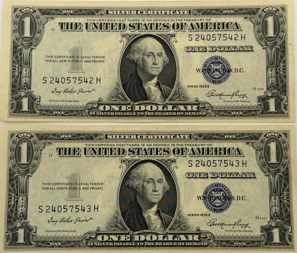 1935 E (2) $1 Fr. 1614 Silver Certificate. Consecutive Silver Certificates, UNC Rare Collectible Set Heritage Pastime