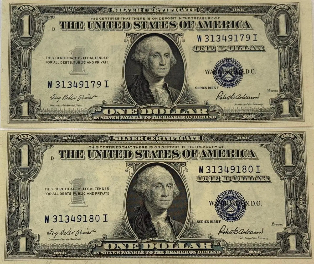 1935 F (2) $1 Fr. 1615 Silver Certificate. Consecutive Silver Certificates, UNC Heritage Pastime