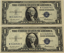 1935 F (2) $1 Fr. 1615 Silver Certificate. Consecutive Silver Certificates, UNC