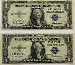 1935 F (2) $1 Fr. 1615 Silver Certificate. Consecutive Silver Certificates, UNC