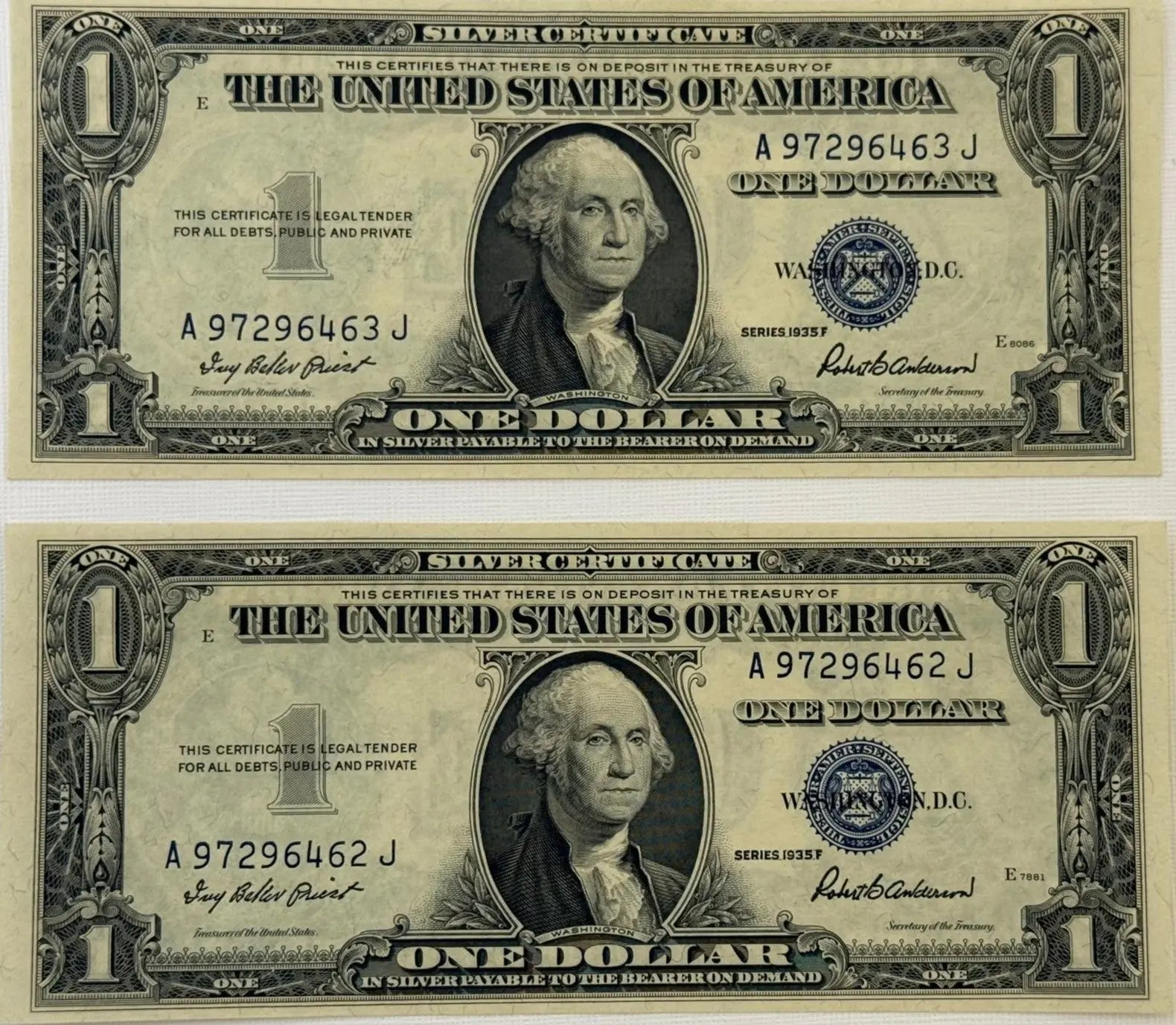 1935 F (2) $1 Fr. 1615 Silver Certificate. Consecutive Silver Certificates, UNC Heritage Pastime