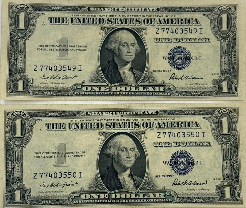 1935 F (2) $1 Fr. 1615 Silver Certificate. Consecutive Silver Certificates, UNC Heritage Pastime