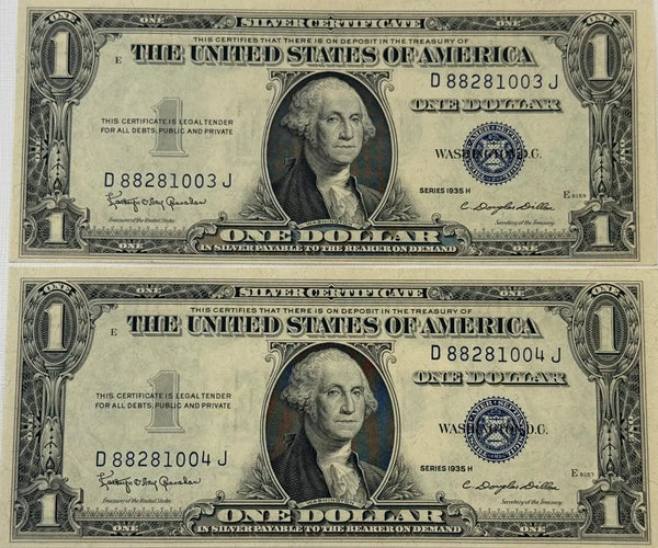 1935 H (2) $1 Fr. 1618 Silver Certificate. Consecutive Silver Certificates, UNC Rare Collectible Set Heritage Pastime