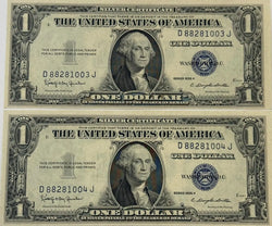 1935 H (2) $1 Fr. 1618 Silver Certificate. Consecutive Silver Certificates, UNC Rare Collectible Set