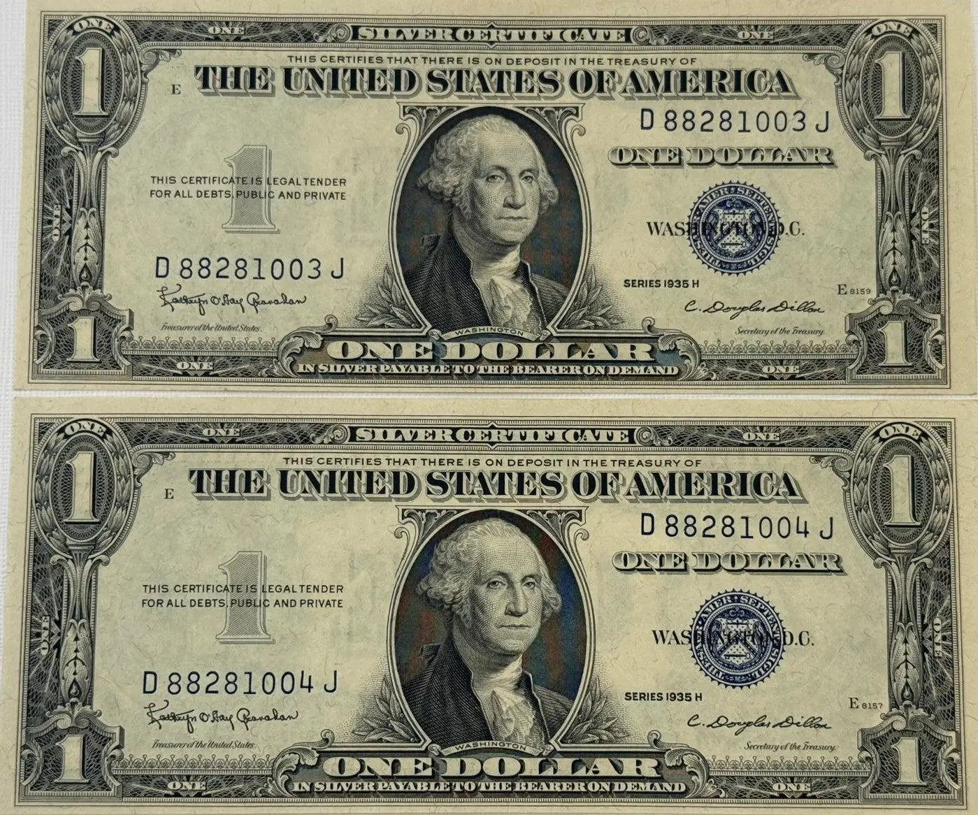 1935 H (2) $1 Fr. 1618 Silver Certificate. Consecutive Silver Certificates, UNC Rare Collectible Set Heritage Pastime