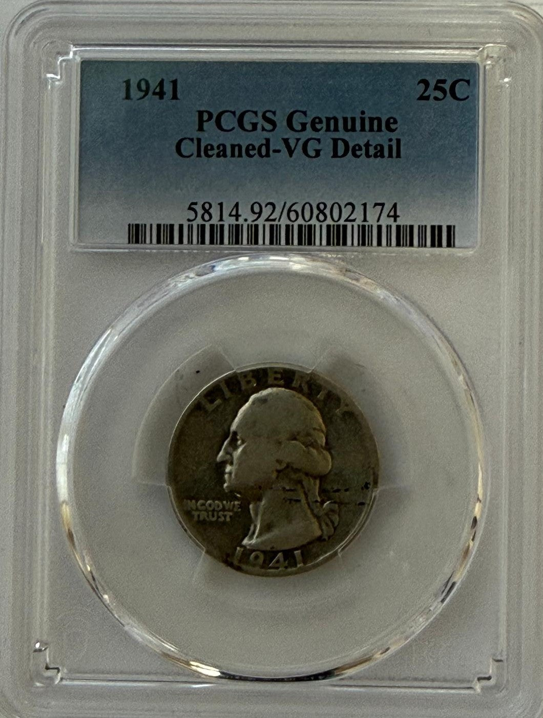 1941 Washington Quarter PCGS Genuine Cleaned VG Details – Early Silver Issue