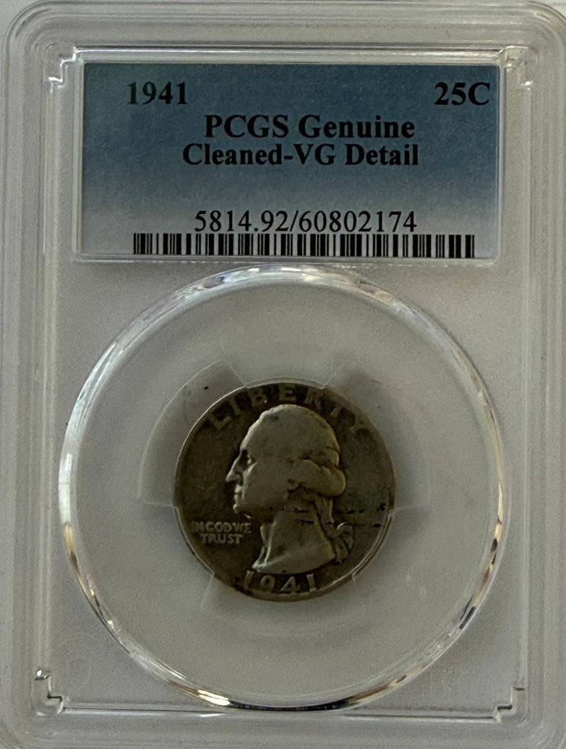 1941 Washington Quarter PCGS Genuine Cleaned VG Details – Early Silver Issue