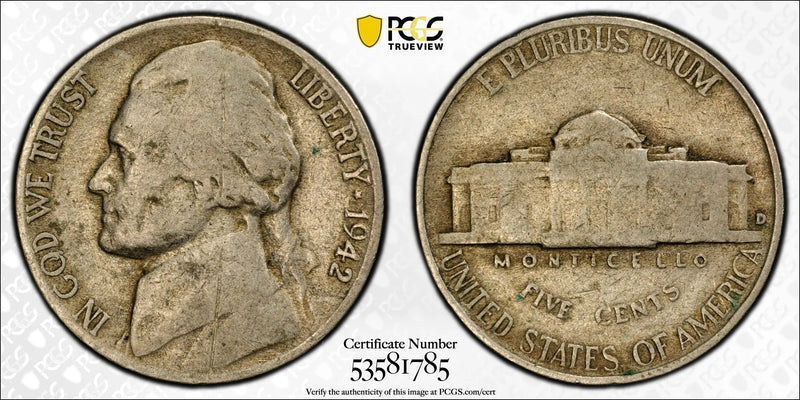 1942-D Jefferson Nickel – PCGS Genuine G Details (Scratch) – Early WWII Era Issue Heritage Pastime