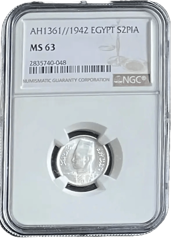 1942 Egypt Silver 2 Piastres – King Farouk of Egypt – NGC MS63 Choice Uncirculated Historic WWII-Era Coin Heritage Pastime