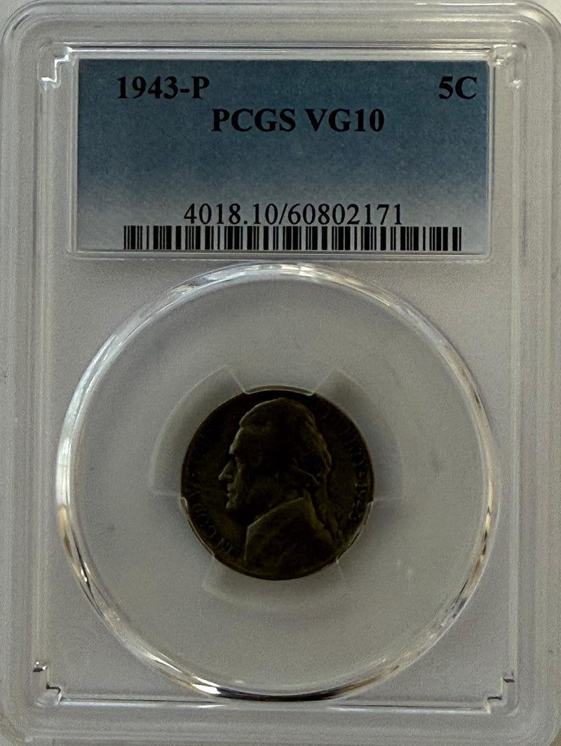 1943-P Jefferson Nickel PCGS VG10 – WWII Silver “War Nickel”