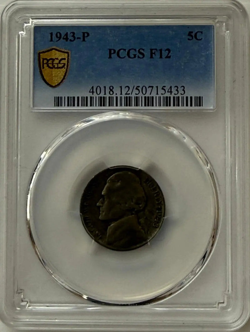 1943-P Jefferson War Nickel PCGS F12 – 35% Silver WWII Coin Heritage Pastime