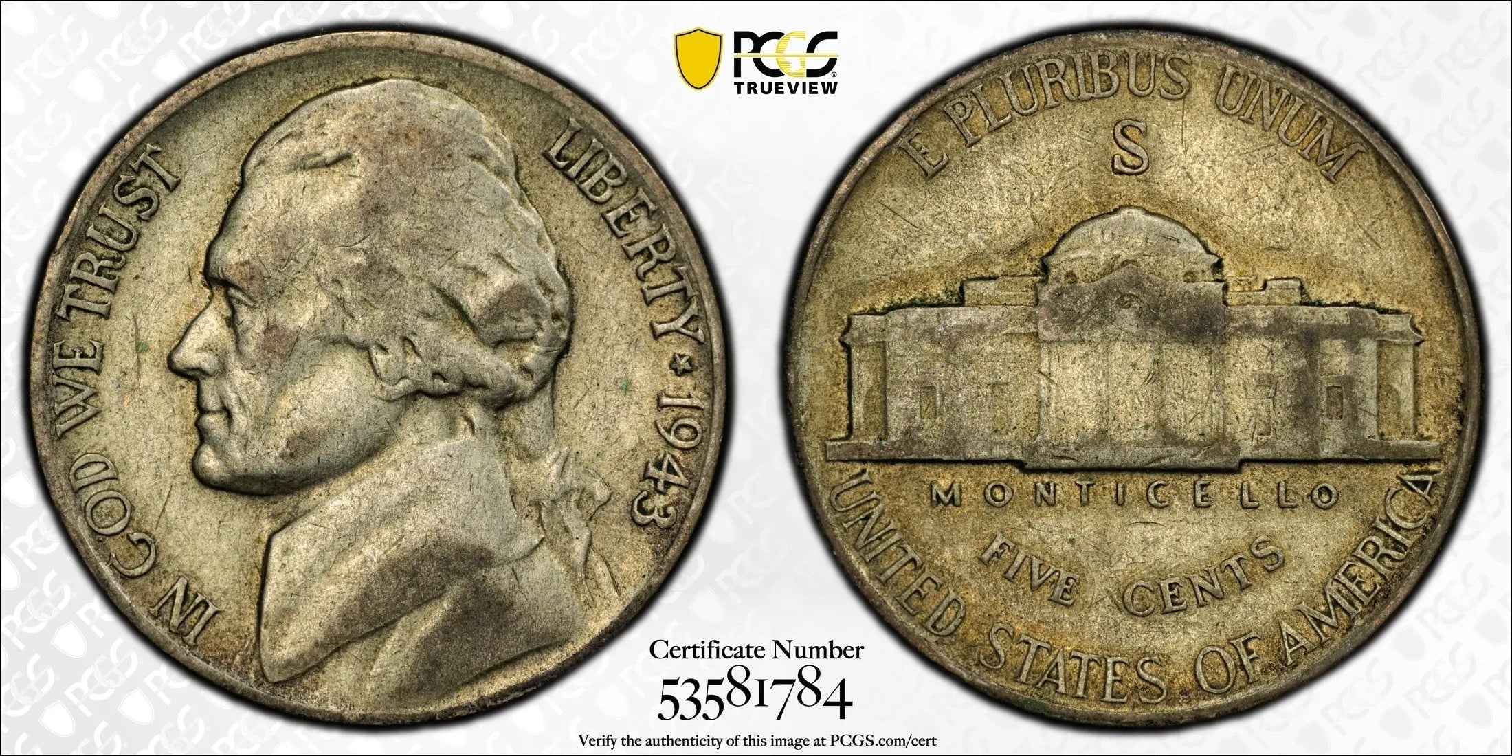 1943-S Jefferson War Nickel – PCGS XF40 – Silver WWII Issue Heritage Pastime