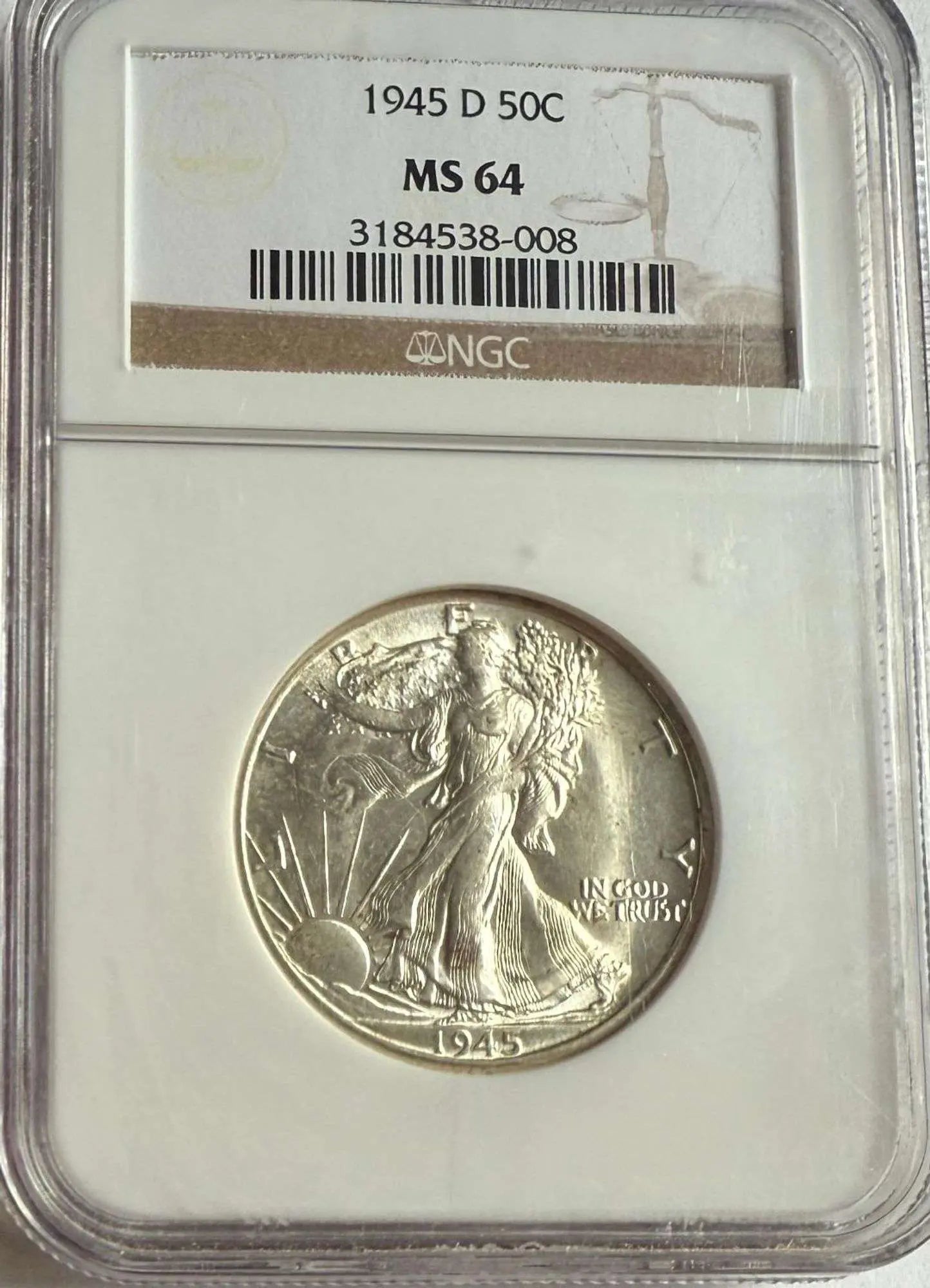 1945-D Walking Liberty Half Dollar MS64 – Classic U.S. Silver Coin in High Grade Heritage Pastime