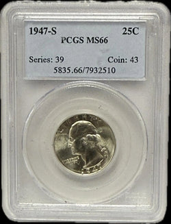 ربع دولار فضي من عام 1947-S، مصنف من قبل PCGS بدرجة MS66 - حالة ممتازة وعالية الجودة